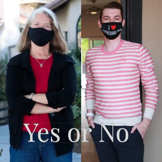 Cathedral City resident Teri Hargreaves, left, is part of the leadership of a group that opposes short-term rentals in Cathedral City. She says yes to Measure B. While property manager Kevin Ogilvie, right, of Palm Luxury Properties, serves as secretary of I Love Cathedral City, a group that wants to keep short-term rentals in the city. He says no to Measure B.