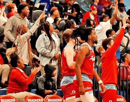 Brainerd's bench and fans celebrate a score.